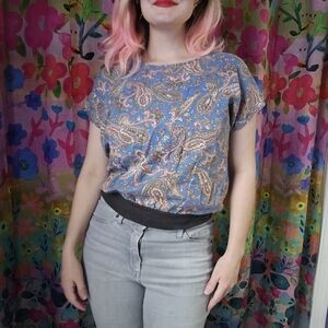 Vintage 80's Paisley Blue Top Retro By Lucky Winner USA